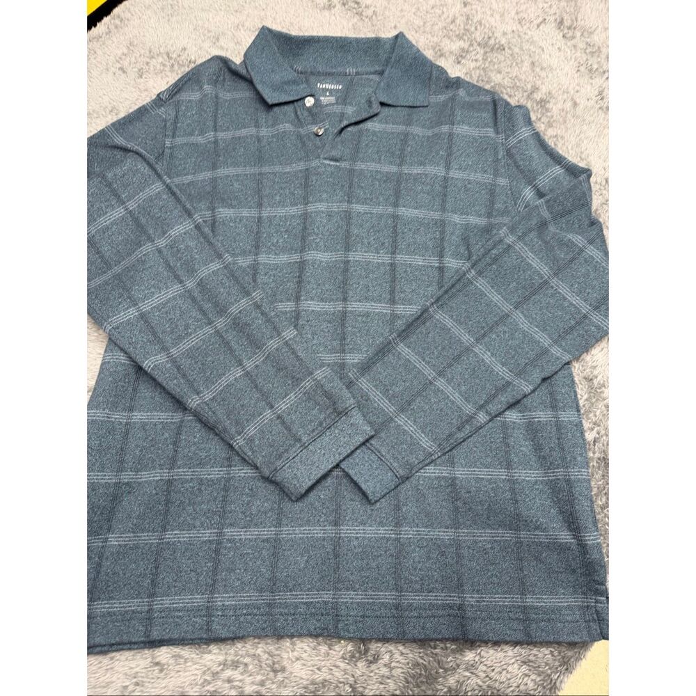 Van Heusen Men’s Long Sleeve Green Plaid Polo Shirt